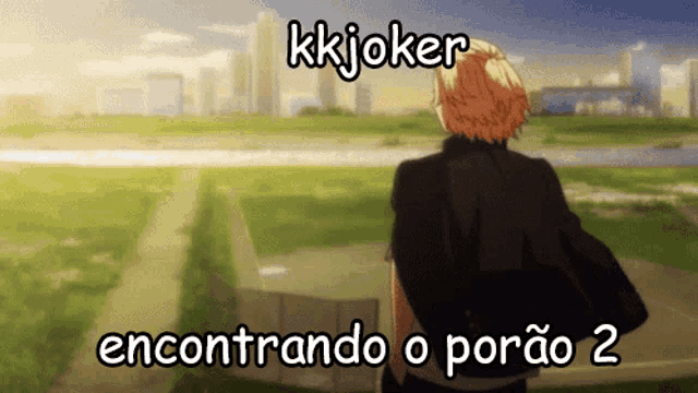 a cartoon of a man standing in a field with the words kkjoker written above him