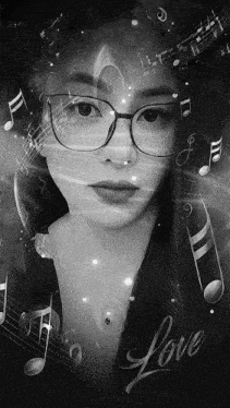 a woman wearing glasses is surrounded by music notes and the word love is on the bottom