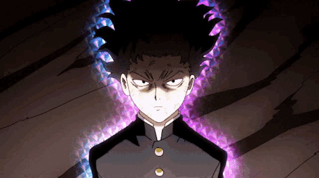 a cartoon drawing of a boy with a purple aura around his head