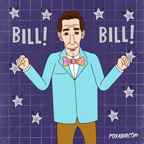 a cartoon of a man in a suit and bow tie with the words bill written on it