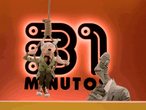 a cartoon character is hanging from a rope in front of a 31 minutos sign