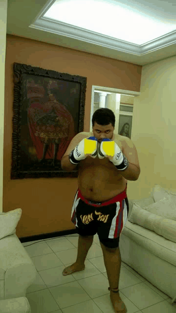 a man wearing boxing gloves and shorts with the word tai on them stands in front of a painting