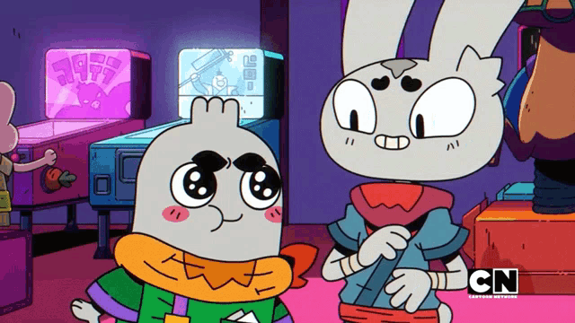 two cartoon characters are standing in front of a pinball machine with the cn logo on the bottom right
