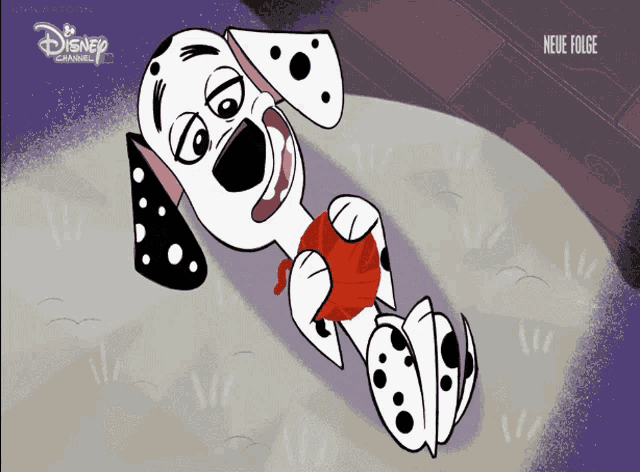 a dalmatian dog is laying on the ground with a disney channel logo behind him
