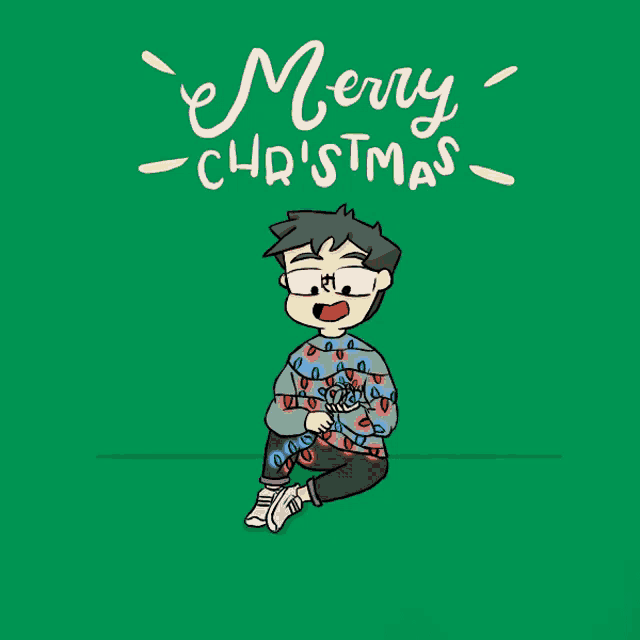 a cartoon of a boy holding a string of christmas lights with the words merry christmas written above him