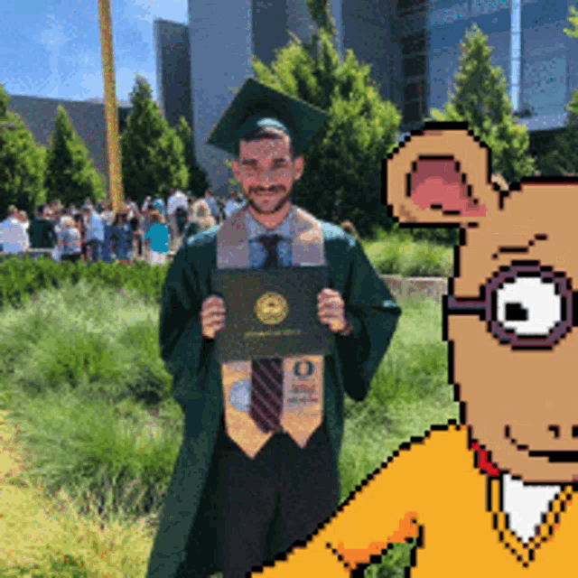 a man in a graduation cap and gown is holding a diploma with the letter o on it