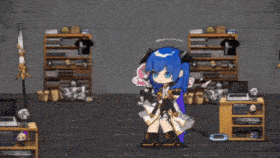 a little girl with blue hair is standing in a room with shelves