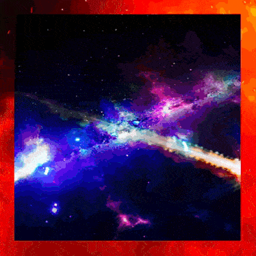 a colorful painting of a galaxy with a red border