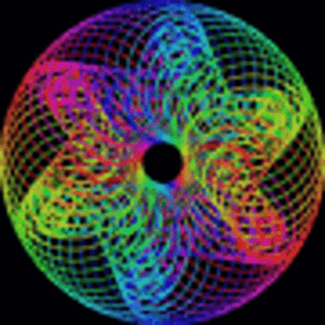 a colorful circle with a black center on a black background