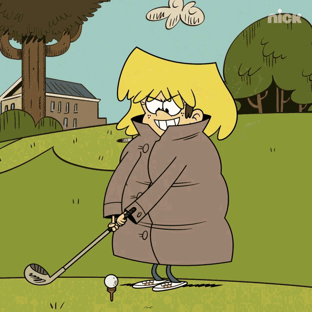lori from the loud house is swinging a golf club on a golf course