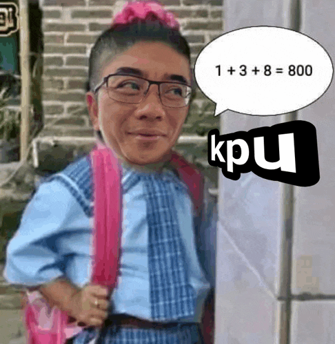 a man wearing glasses and carrying a pink backpack has a speech bubble saying 1 + 3 + 8 = 800 kpu