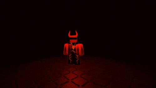 a cartoon character with horns and a sword is standing in a dark room