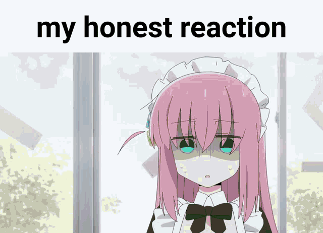 a picture of a girl with pink hair and the words my honest reaction