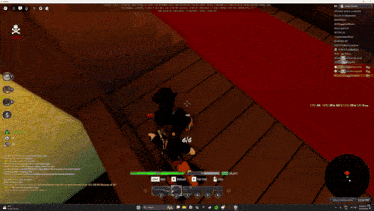 a screenshot of a video game shows a pirate standing in front of a christmas tree and a treasure chest