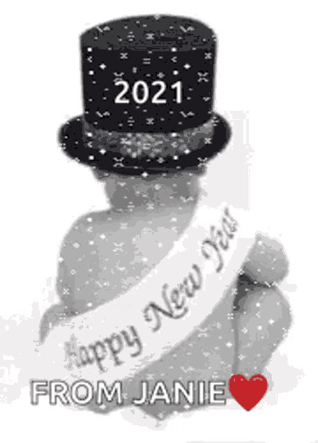 a snowman wearing a top hat and a happy new year sash