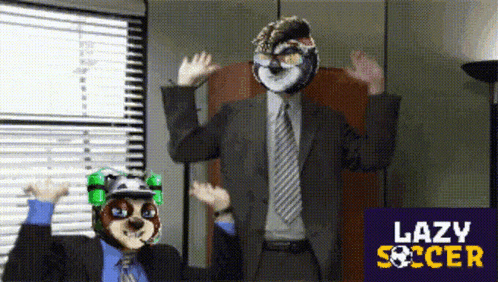 a man in a suit and tie is wearing a mask with the words lazy soccer in the corner