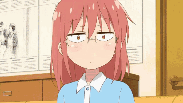 a girl with pink hair is wearing glasses and making a face