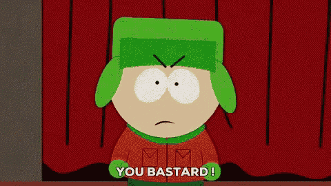 a cartoon character from south park is standing in front of a red curtain and says you bastard .