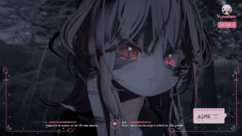 a computer screen shows a girl with red eyes and the word asmr on the bottom