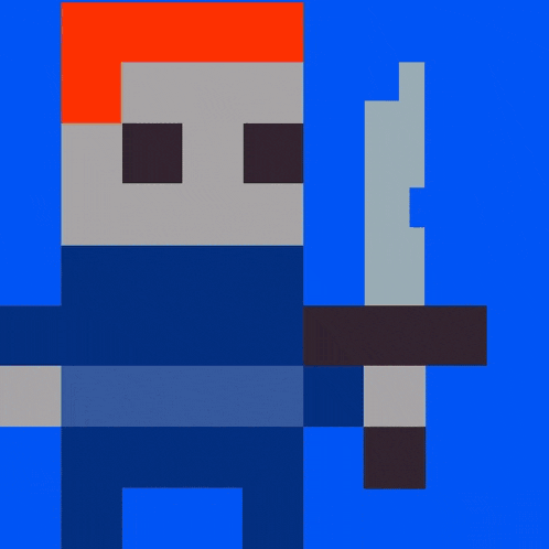 a pixel art of a man with blonde hair holding a sword on a blue background .