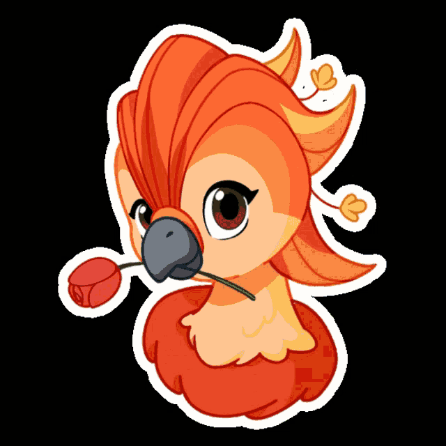 a cartoon drawing of a bird with a rose in its beak