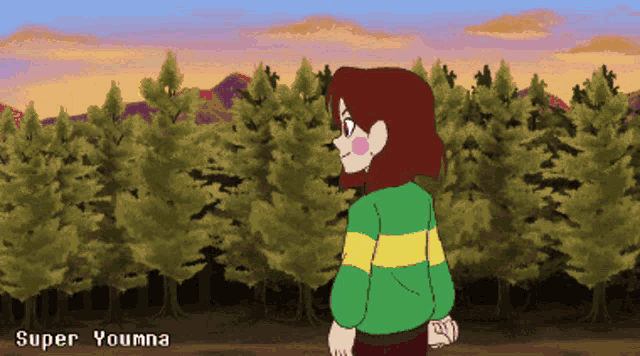 a pixel art of a girl standing in a forest with super younna written on the bottom right