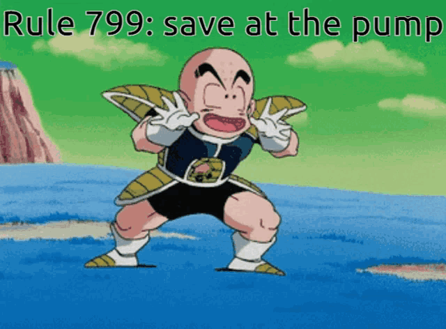 a cartoon character with the words rule 799 save at the pump on the bottom