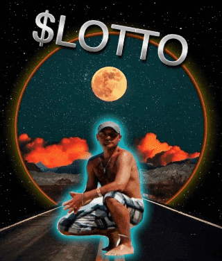 a man is squatting down in front of a full moon with the word lotto on the bottom