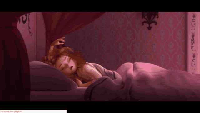 a cartoon character is sleeping in a bed with a pink background