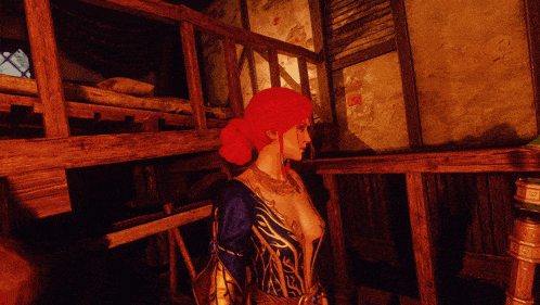 a naked woman with red hair is standing in a dark room