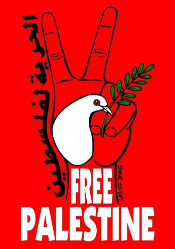 a poster that says free palestine with a hand holding a dove