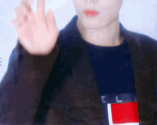 a man wearing a black jacket and a red white and blue shirt is making a hand gesture .