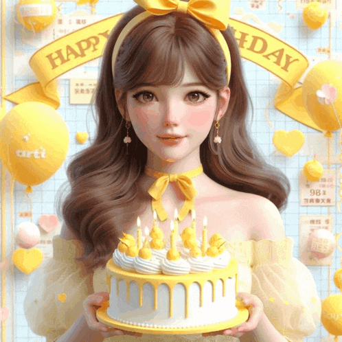 a girl holding a cake with candles and a happy birthday banner