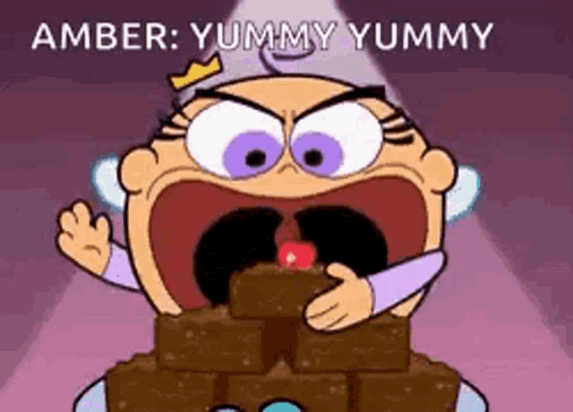 a cartoon of a baby eating a stack of brownies with a cherry in her mouth .