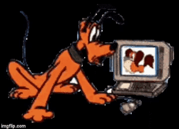 a picture of pluto looking at a computer screen