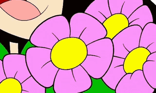 a cartoon character is smiling and holding a bouquet of pink flowers .