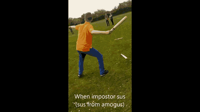 a boy in an orange shirt is throwing a bat in a field .
