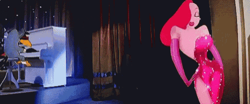 a cartoon of a woman in a red dress standing on a stage next to a piano .