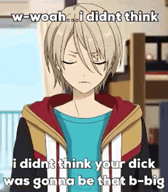 a young anime boy is standing in a room with his eyes closed and a hoodie .