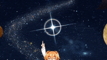 a girl is pointing at a star in the sky