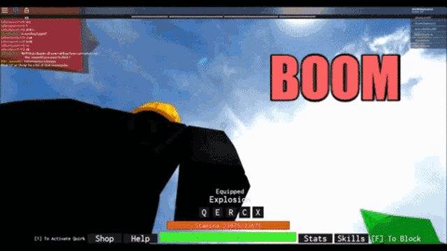 a screen shot of a video game with the word boom in red
