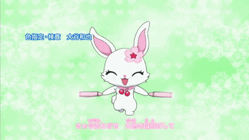 a white rabbit with pink ears and a flower on her neck is holding pink crayons