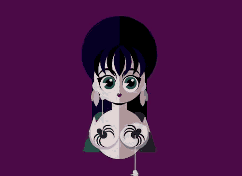a cartoon of a woman with spiders on her chest