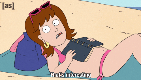a cartoon of a woman laying on a beach reading a book