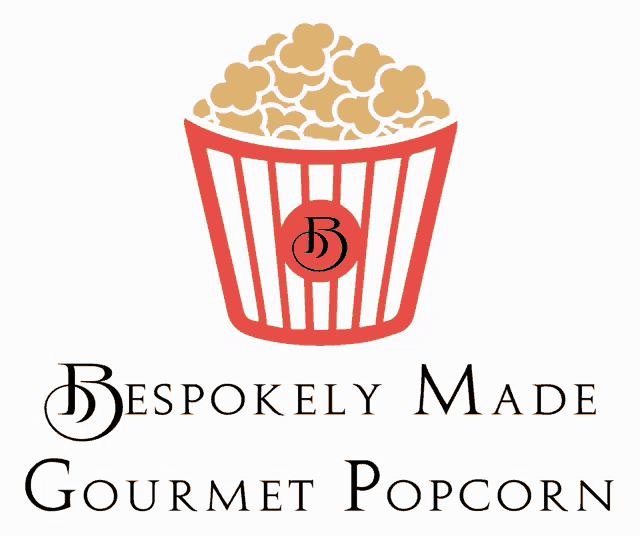 a logo for bespokely made gourmet popcorn with a striped bucket of popcorn