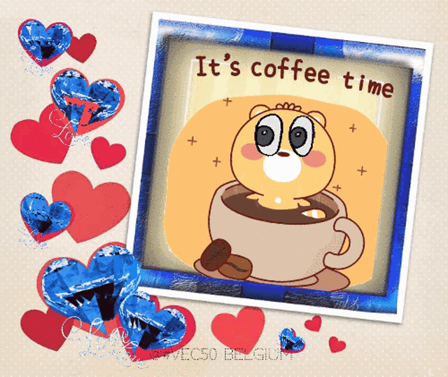 a picture of a bear in a cup of coffee with the words it 's coffee time on it