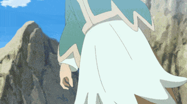 a cartoon character is walking on a hill with a mountain in the background