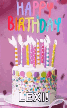 a birthday cake with candles and confetti on it and the words `` happy birthday lexi ! ''