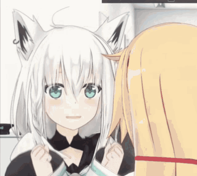 a girl with white hair and blue eyes is standing next to another girl with blonde hair