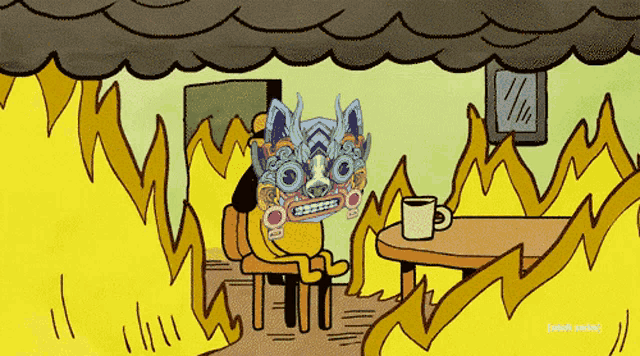 a cartoon of a person sitting in a chair with a mask on their head and a cup of coffee